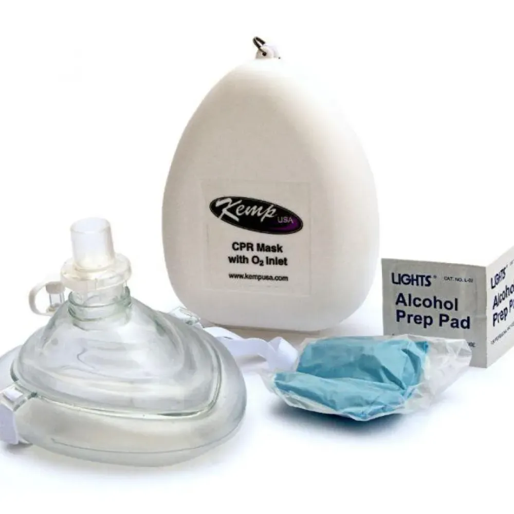 Kemp USA CPR Mask w/ O2 Inlet, Headstrap, Gloves, And Wipes Best